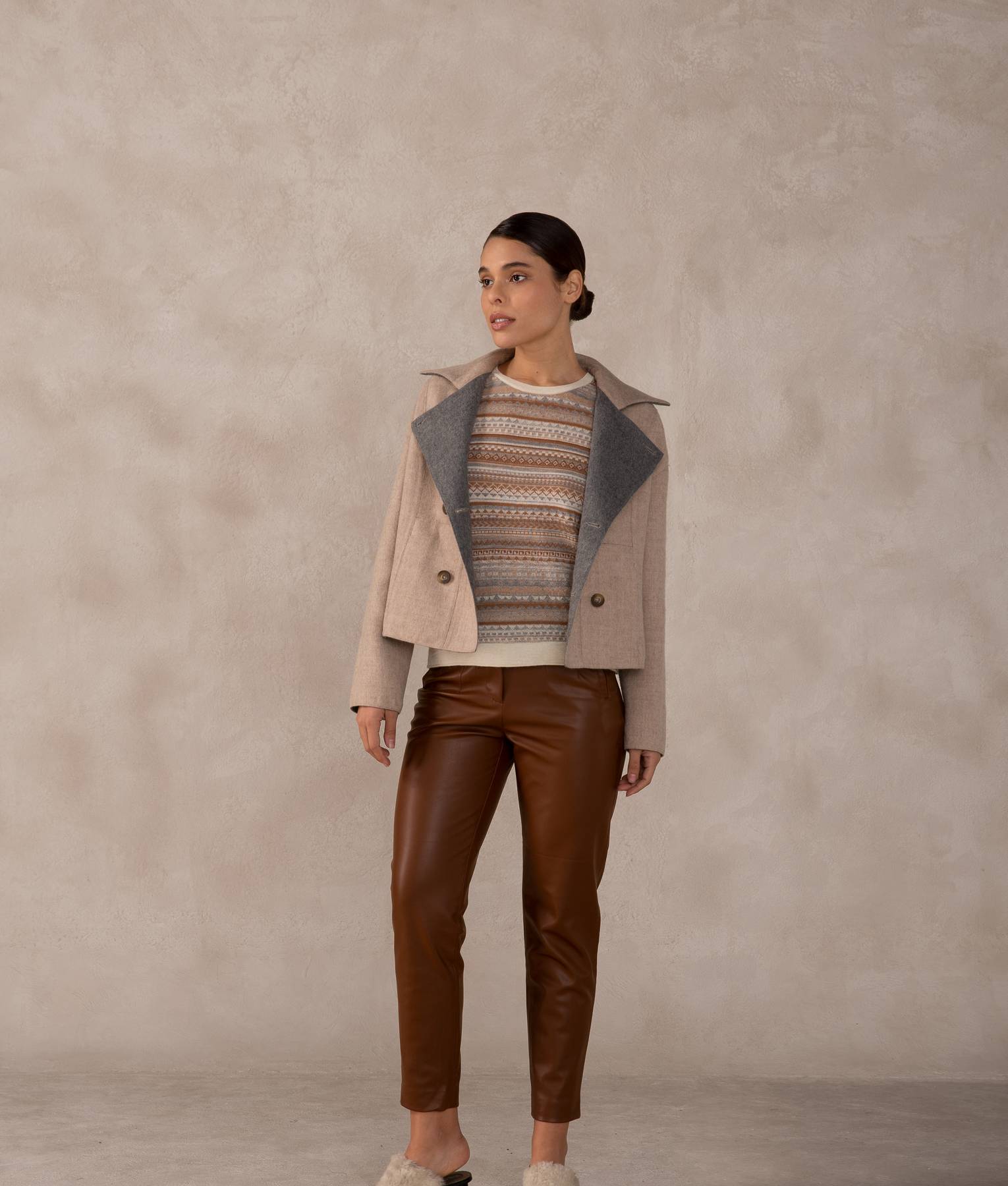 Casaca Corta Reversible - Beige Y Gris