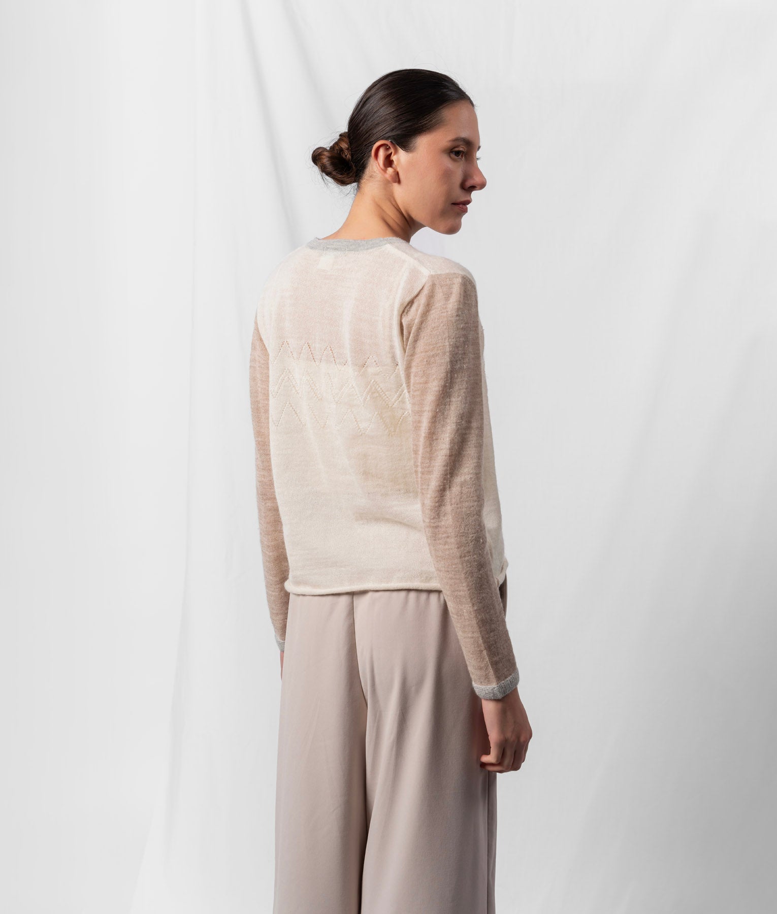 Cardigan Ritmo Con Detalles Calados - Marfil Crudo Y Gris Claro Melange