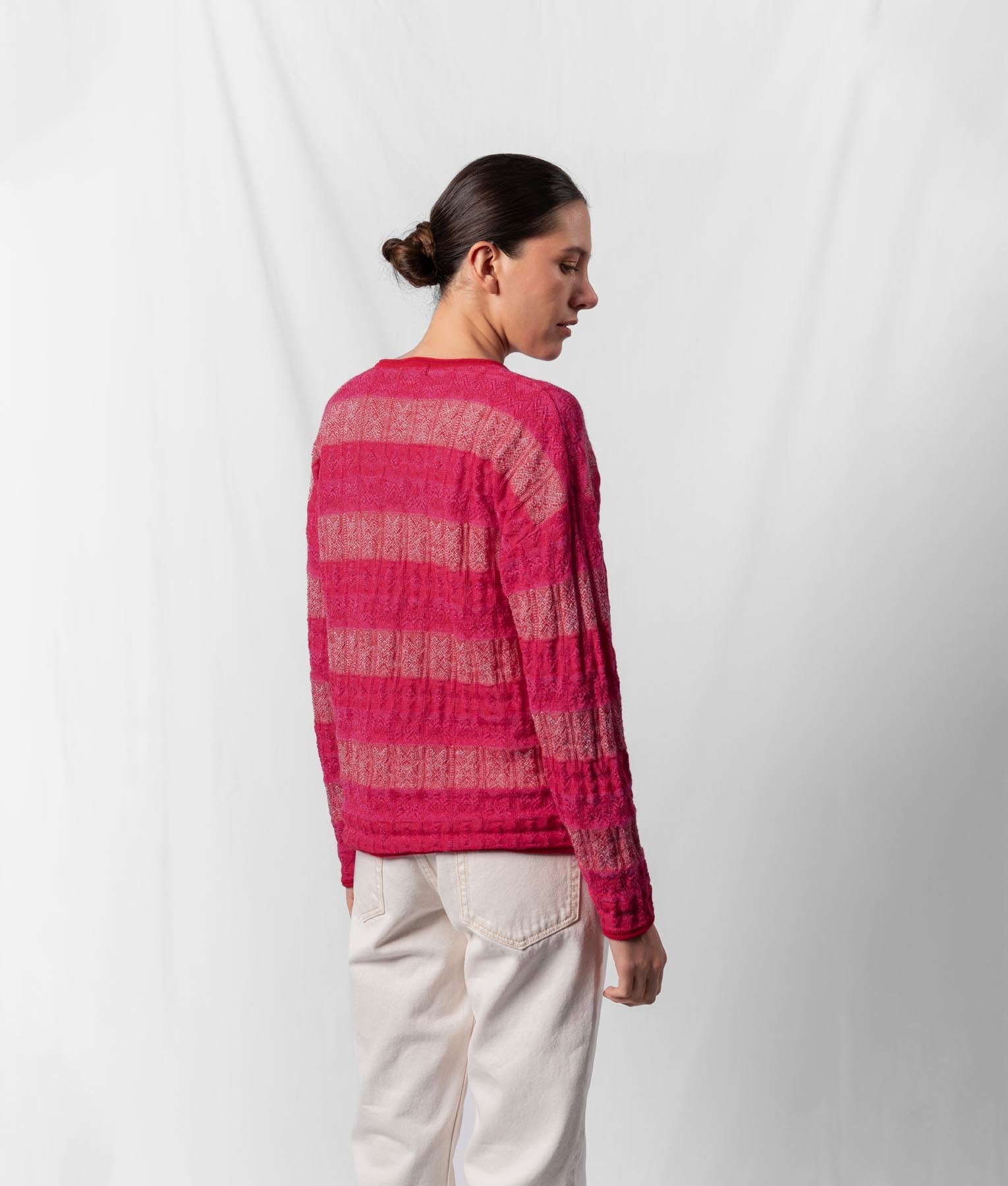 Chompa Jacquard Suelto Con Bolsillo - Rojo Rubí Y Rosa Frambuesa