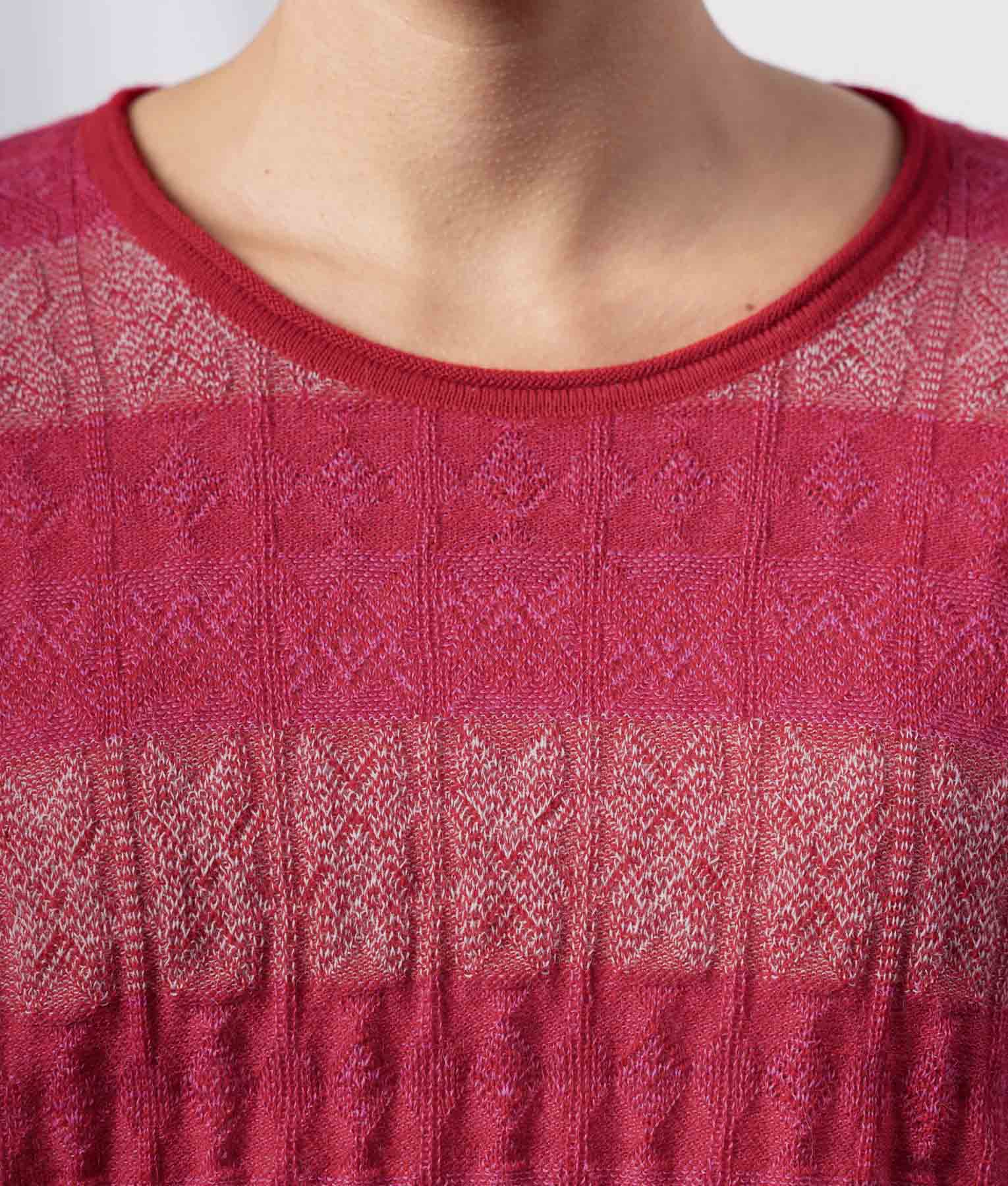 Chompa Jacquard Suelto Con Bolsillo - Rojo Rubí Y Rosa Frambuesa