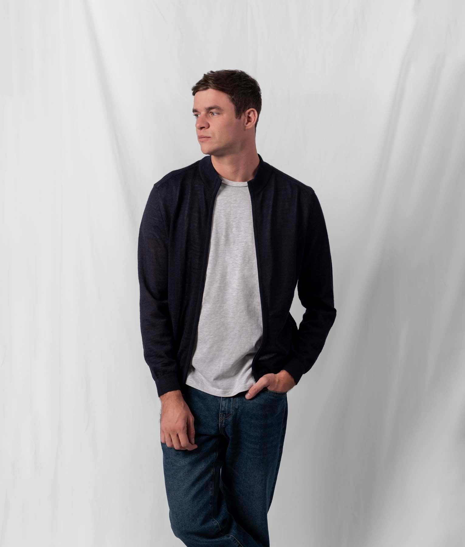 Cardigan Con Cierre Frontal - Azul Marino