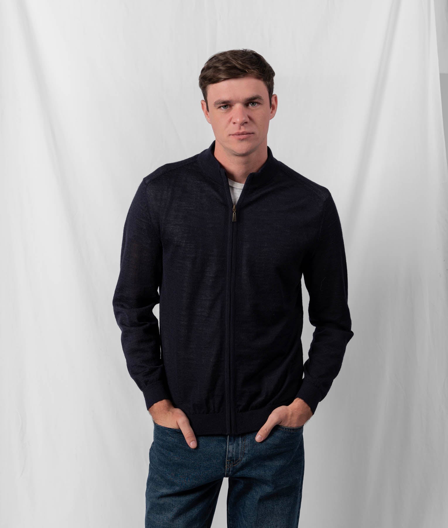 Cardigan Con Cierre Frontal - Azul Marino