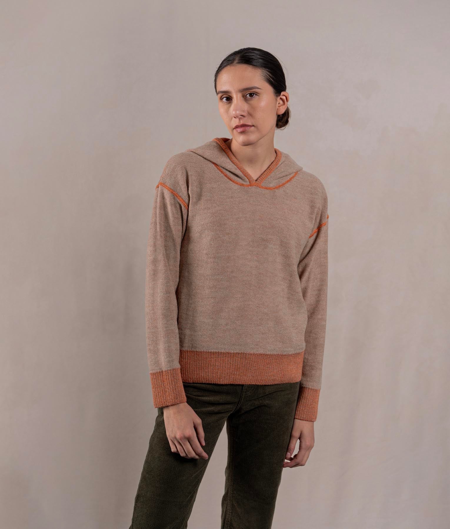 Chompa Con Capucha - Naranja Terracota Jaspeado Y Beige Arena