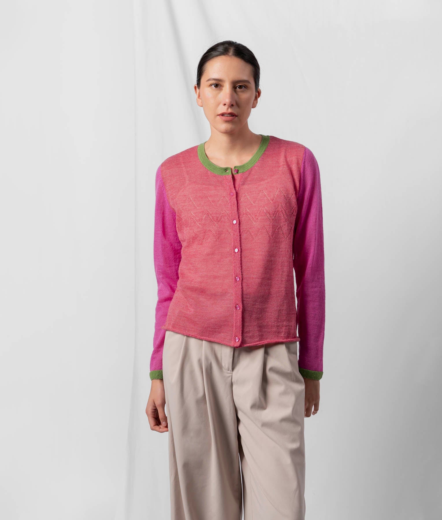 Cardigan Ritmo Con Detalles Calados - Rosado Sandía Y Verde Lima Suave