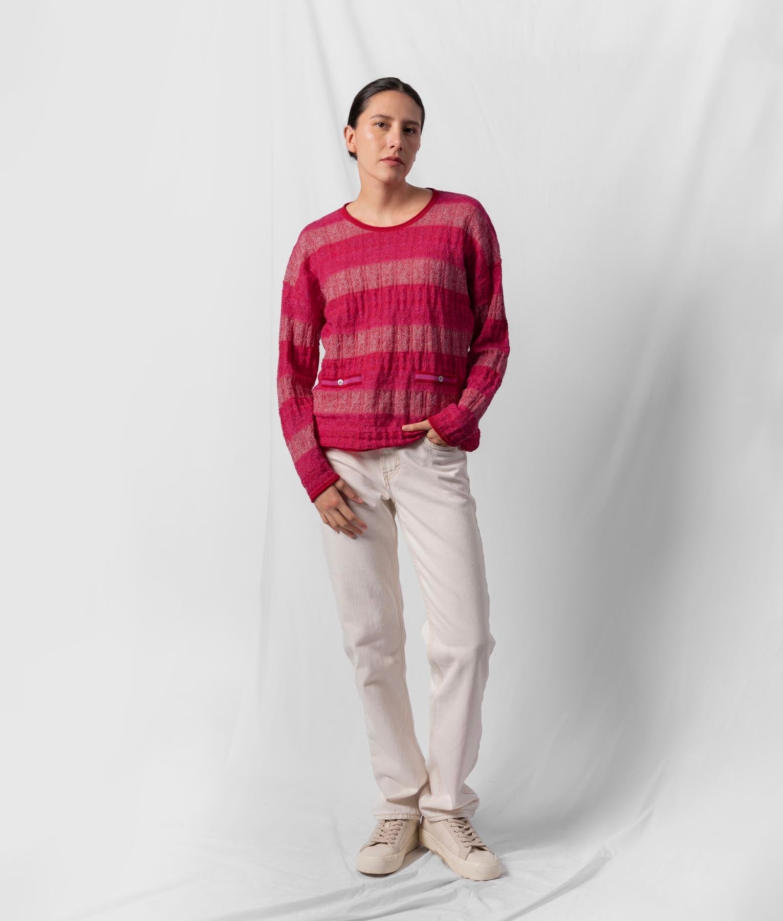 Chompa Jacquard Suelto Con Bolsillo - Rojo Rubí Y Rosa Frambuesa