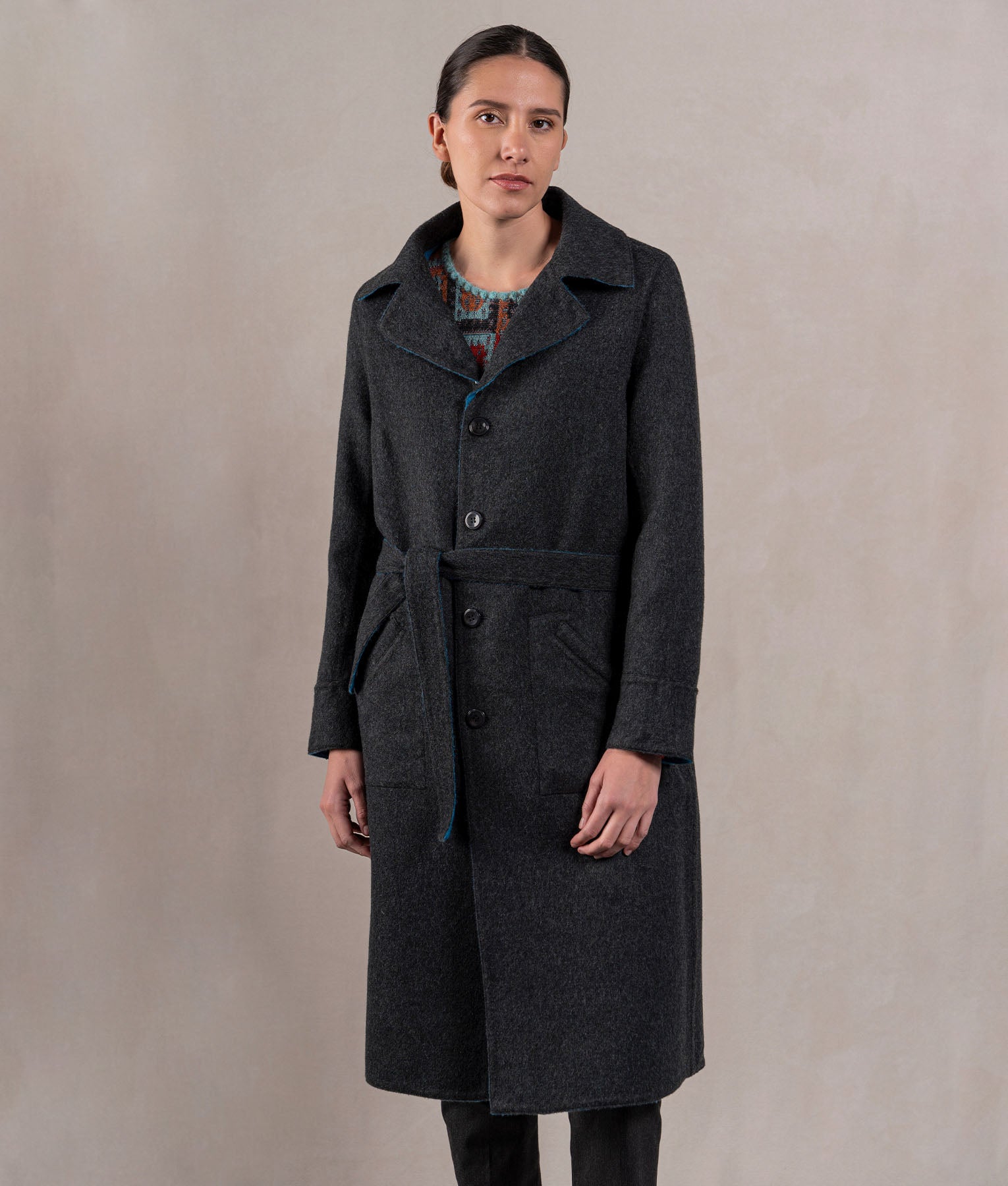 Abrigo Oversize Reversible Con Cinturón - Azul Petróleo Y Gris Oscuro