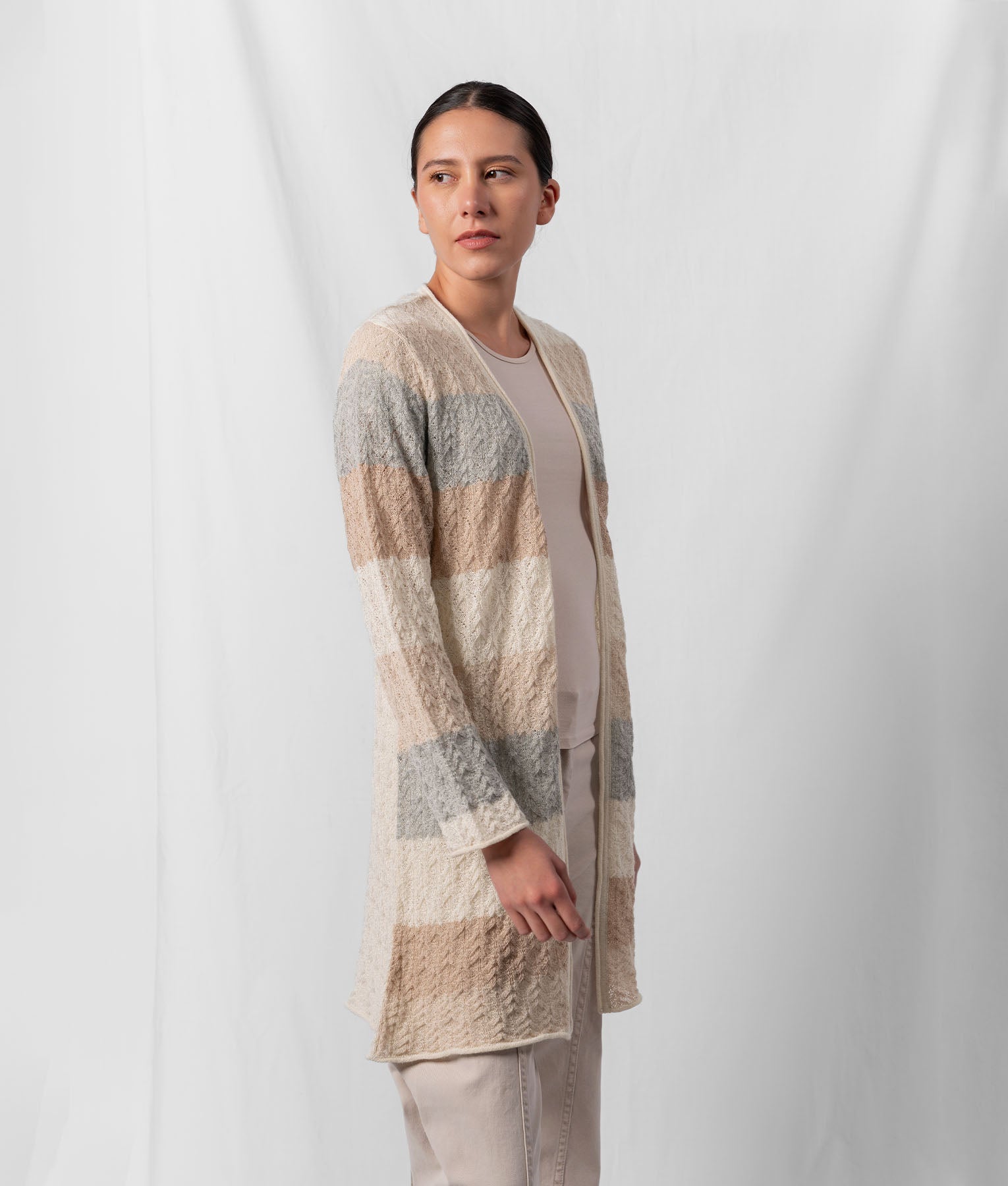 Cardigan Largo A Rayas - Beige Claro Natural Y Gris Pálido