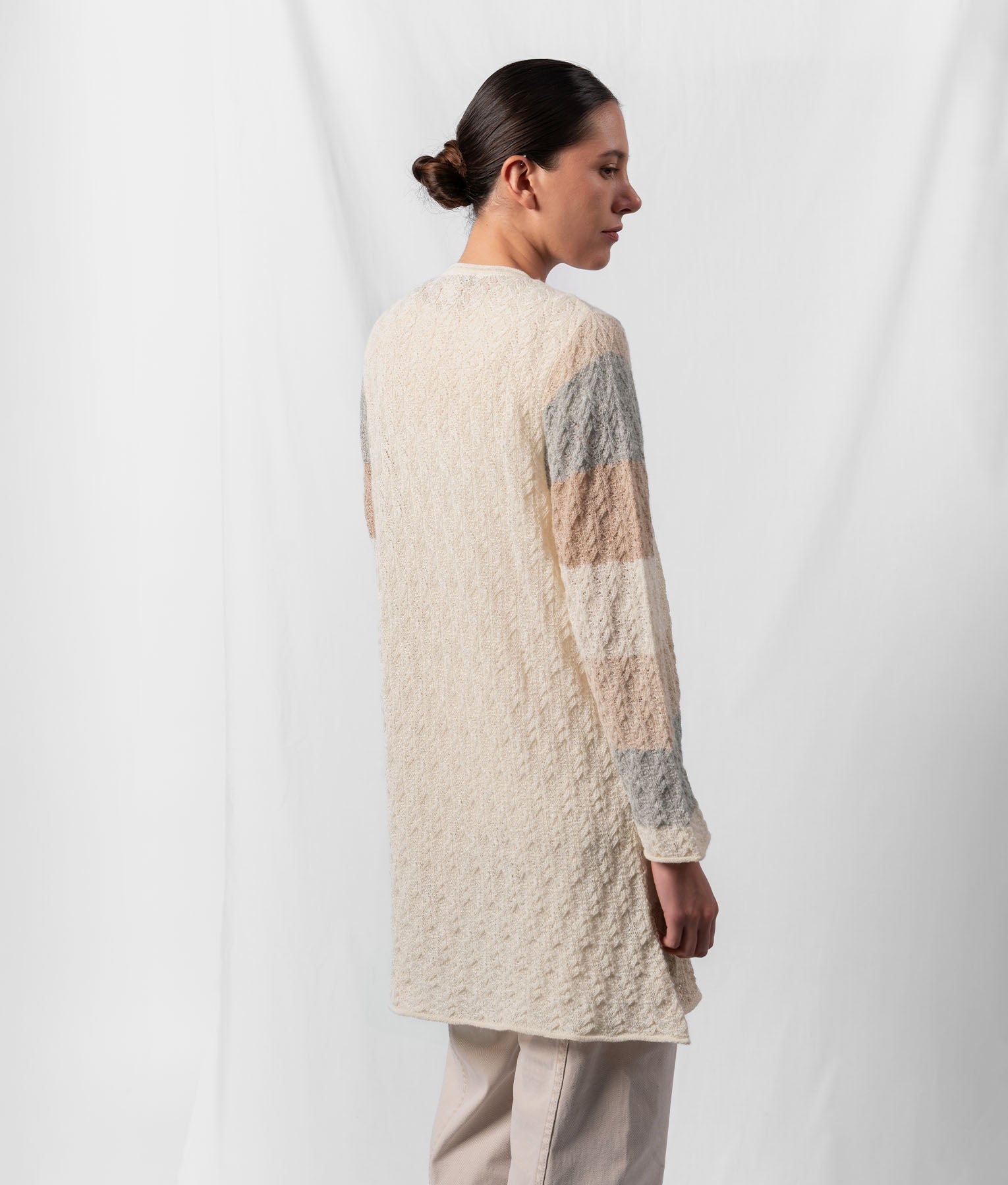 Cardigan Largo A Rayas - Beige Claro Natural Y Gris Pálido